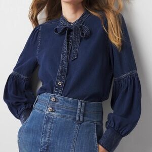 WHBM White House Black Market tie-neck elevated denim tencel button front top M